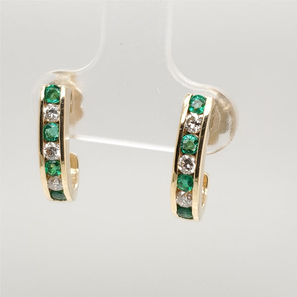 14kt Yellow Gold Half Hoop Emerald and Diamond Earrings