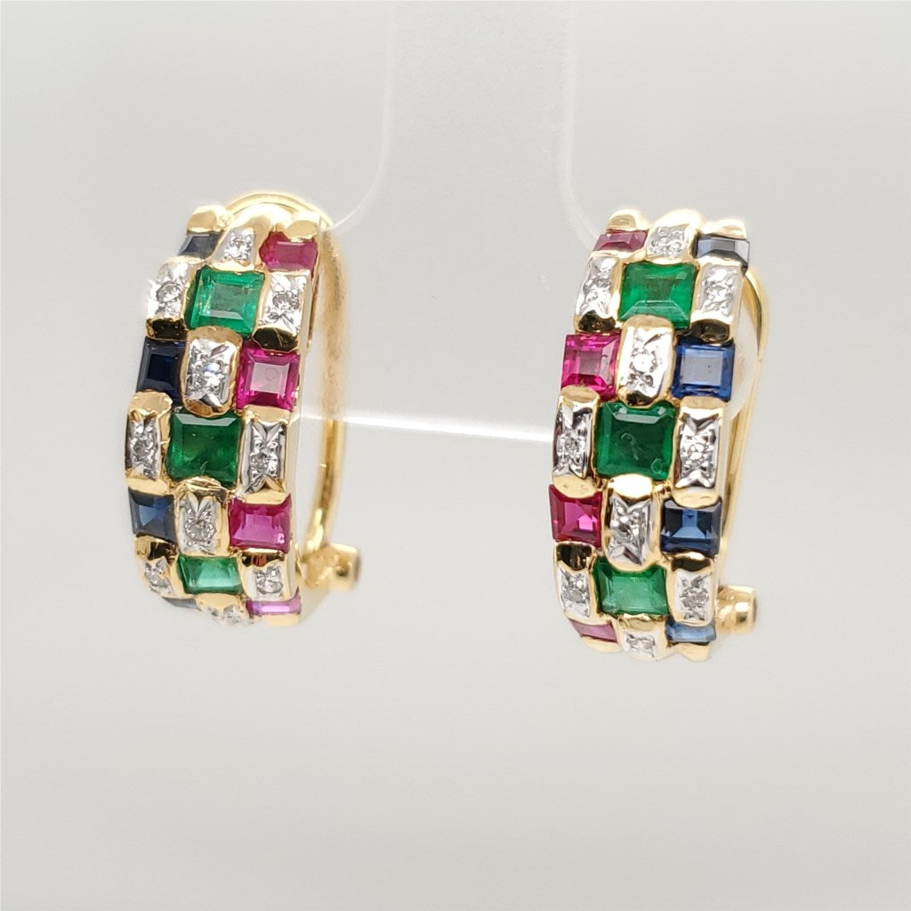 18kt Yellow Gold Diamond Emerald Sapphire and Ruby Earrings