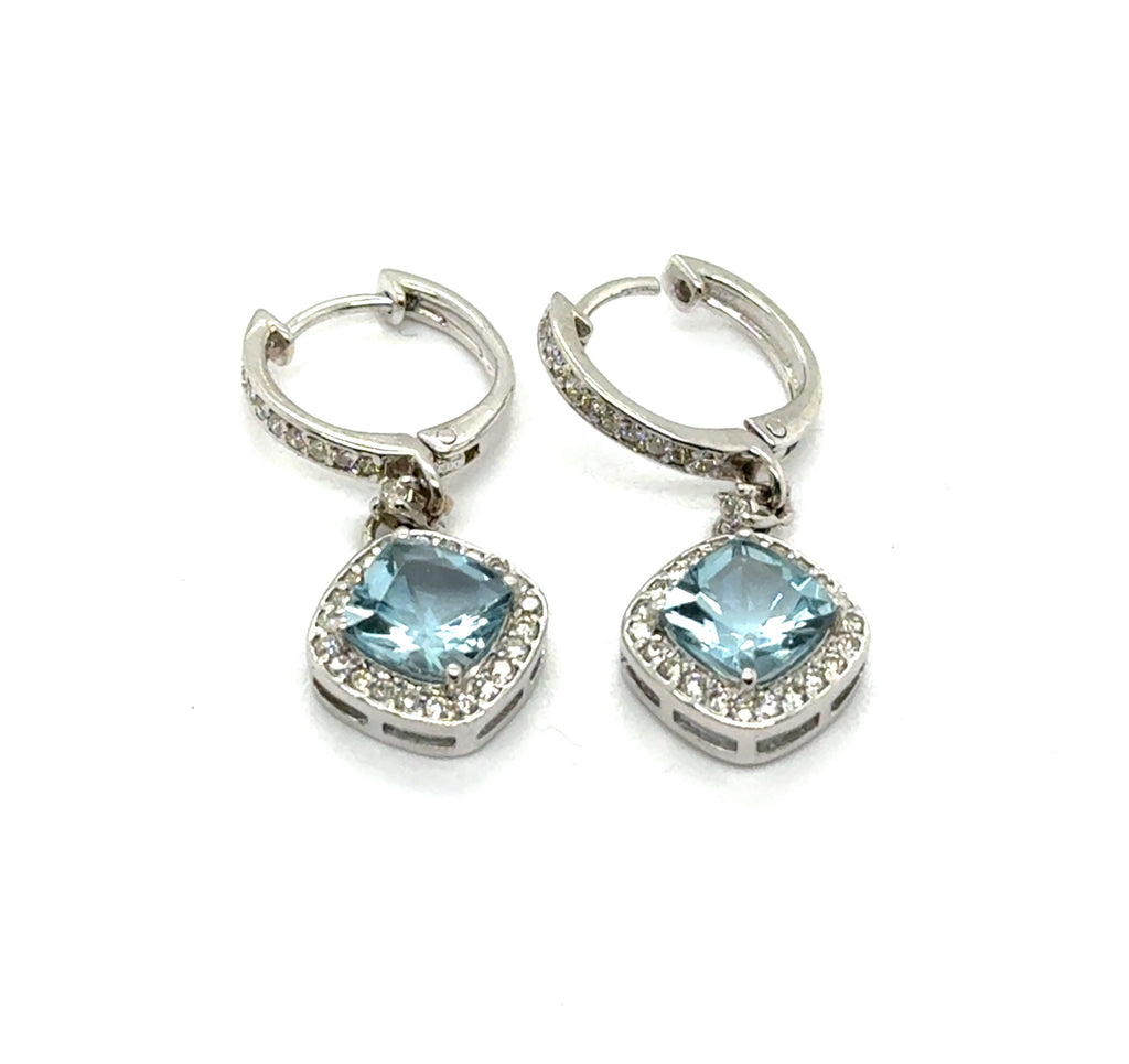 2.56 Cttw 14Kt White Gold Aqua And Diamond Dangle Earrings