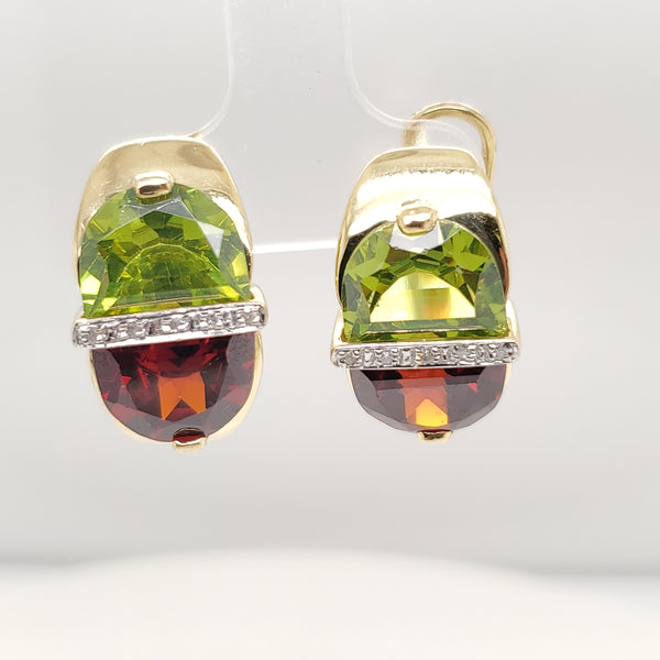 14Kt Yellow Gold Garnet Peridot and Diamond Earrings