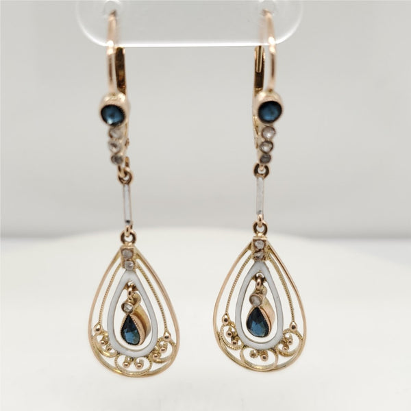 Victorian 10kt Yellow Gold Blue Sapphire and Diamond Dangle Earrings