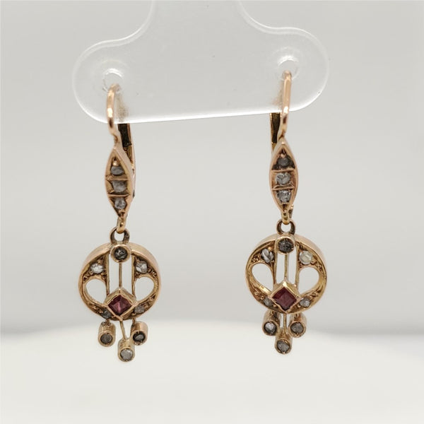 Victorian 14kt Yellow Gold Ruby and Diamond Dangle Earrings