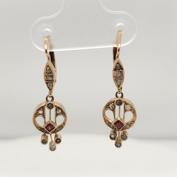 Victorian 14kt Yellow Gold Ruby and Diamond Dangle Earrings