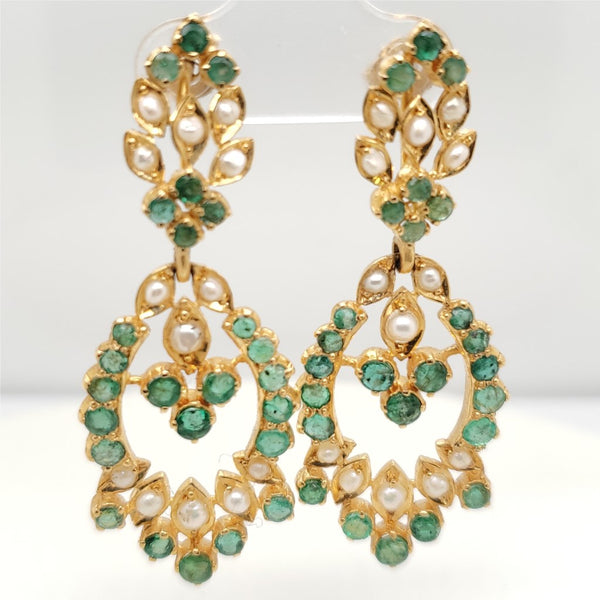 Vintage 21kt Yellow Gold Emerald and Pearl Earrings