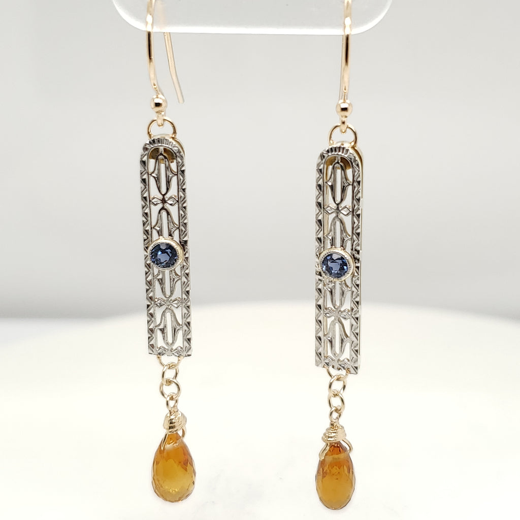 Art Deco 14kt Gold Sapphire and Citrine Dangle Earrings