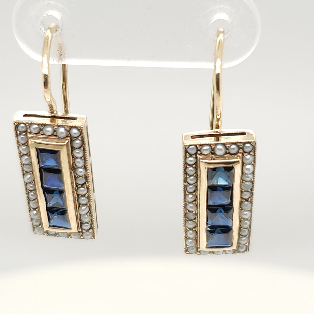 14kt Yellow Gold Blue Sapphire and Seed Pearls Dangle Earrings
