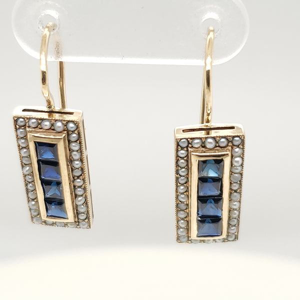 14kt Yellow Gold Blue Sapphire and Seed Pearls Dangle Earrings