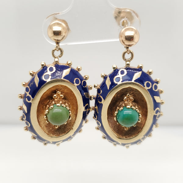 Vintage 14kt Yellow Gold Blue Enamel and Tuirquoise Dangle Earrings