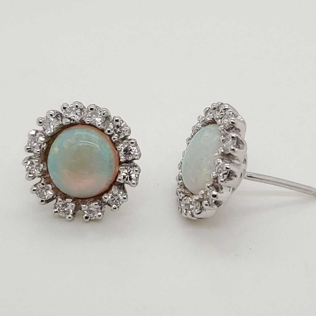 Vintage 14kt White Gold Opal and Diamond Earrings