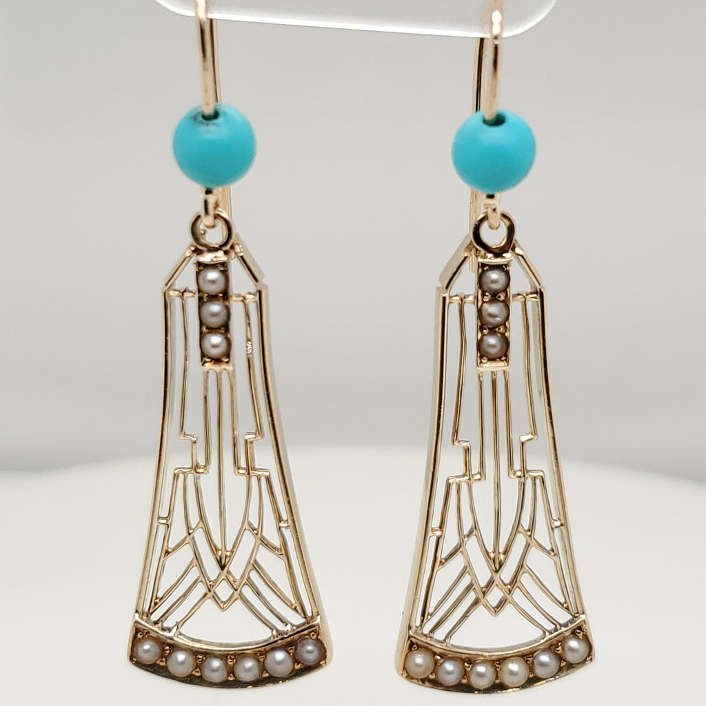 Art Deco 14kt Yellow Gold Turquoise and Pearl Earrings