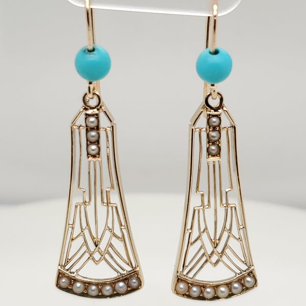 Art Deco 14kt Yellow Gold Turquoise and Pearl Earrings