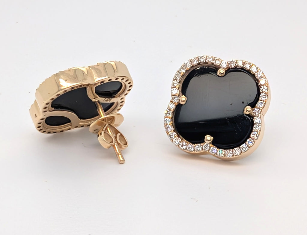 14K Yellow Gold Onyx Clover Earrings