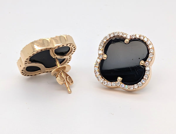 14K Yellow Gold Onyx Clover Earrings
