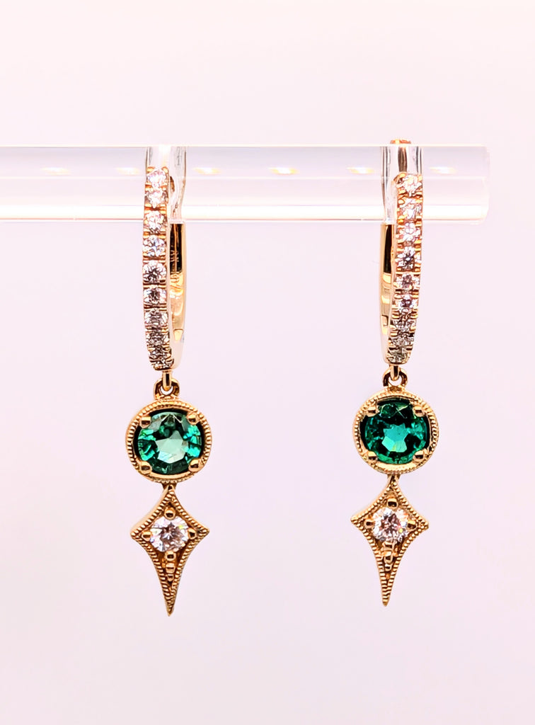 14K Yellow Gold Huggie Style Hoop Earrings with Round Emerald and Diamond Drops