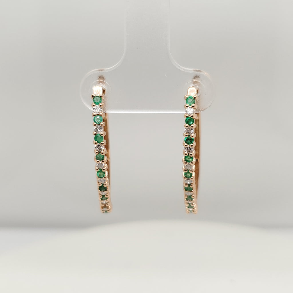 14kt Yellow Gold Emerald And Diamond Hoop Earrings