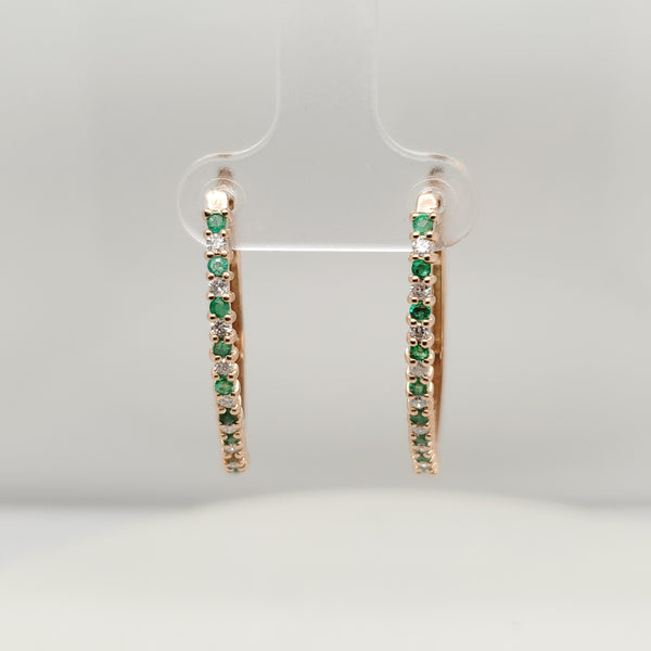 14kt Yellow Gold Emerald And Diamond Hoop Earrings