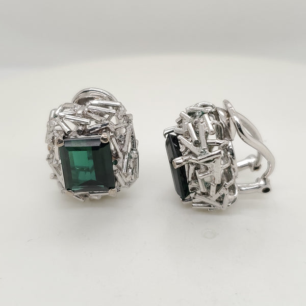 Brutalist 18kt White Gold and Green Tourmaline Earrings
