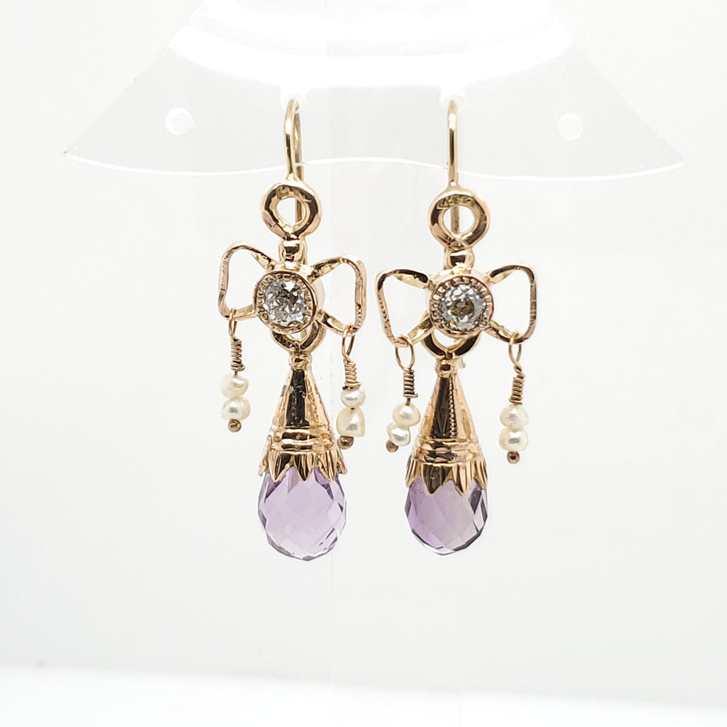 Vintage Bow Motif Amethyst And Diamond Earrings