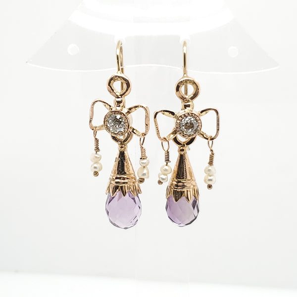 Vintage Bow Motif Amethyst And Diamond Earrings