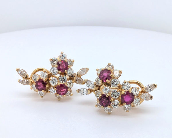 14K Yellow Gold Ruby and Diamond Floral Earrings