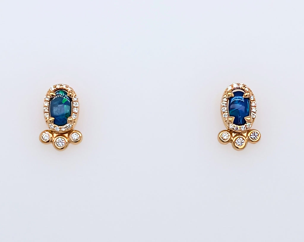 14K Yellow Gold Oval Opal and Brilliant Round Diamond Stud Earrings