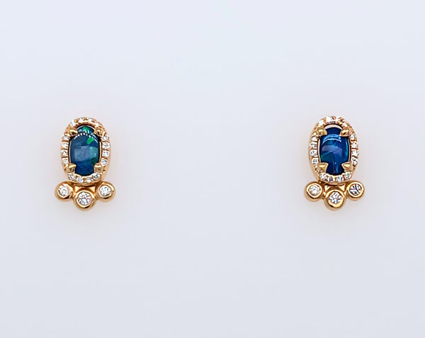 14K Yellow Gold Oval Opal and Brilliant Round Diamond Stud Earrings