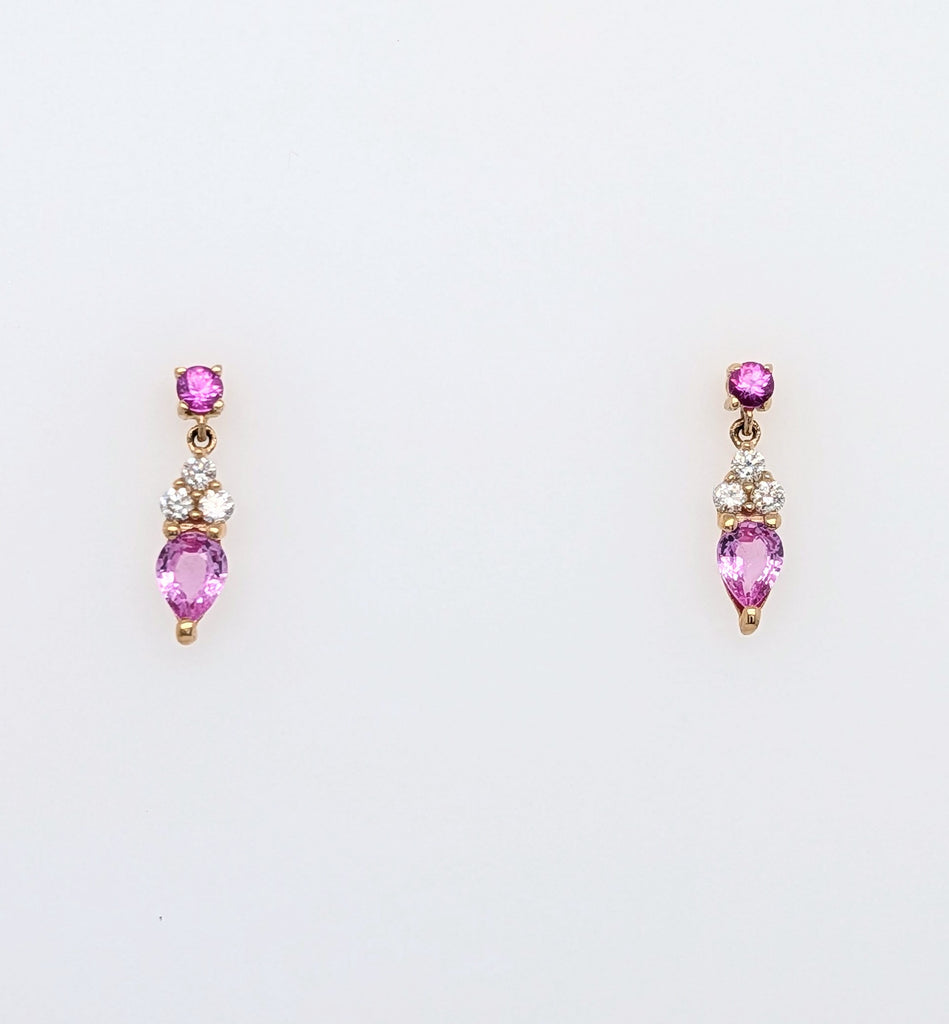 14K Yellow Gold Pink Sapphire and Diamond Drop Style Stud Earrings