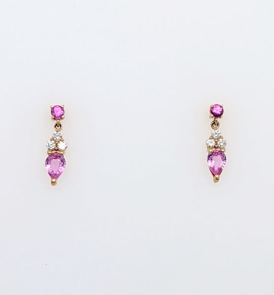 14K Yellow Gold Pink Sapphire and Diamond Drop Style Stud Earrings