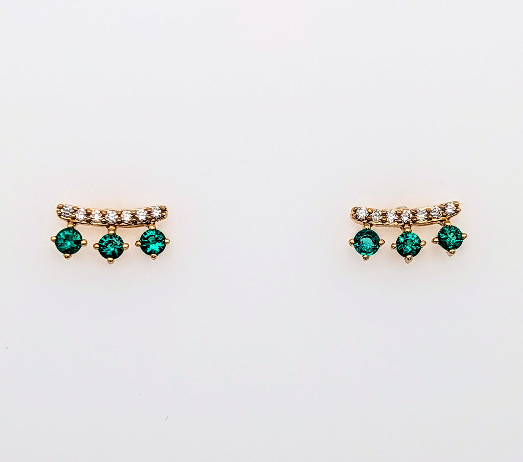 14K Yellow Gold Curved Emerald and Diamond Stud Earrings