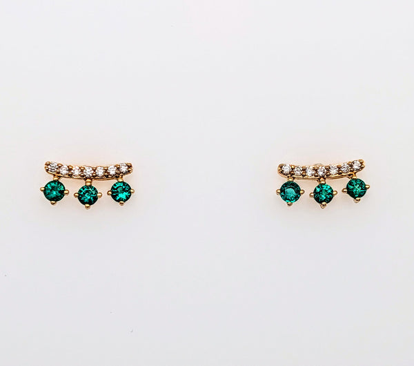14K Yellow Gold Curved Emerald and Diamond Stud Earrings