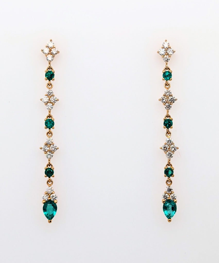 14K Yellow Gold Emerald and Diamond Dangling Stud Earrings