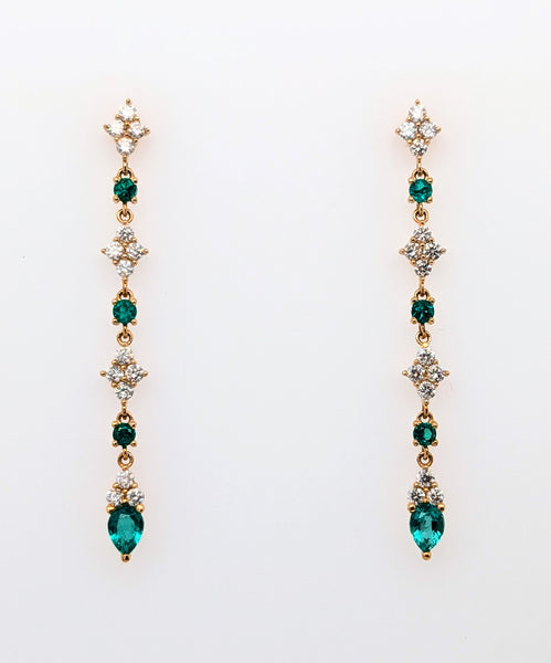 14K Yellow Gold Emerald and Diamond Dangling Stud Earrings