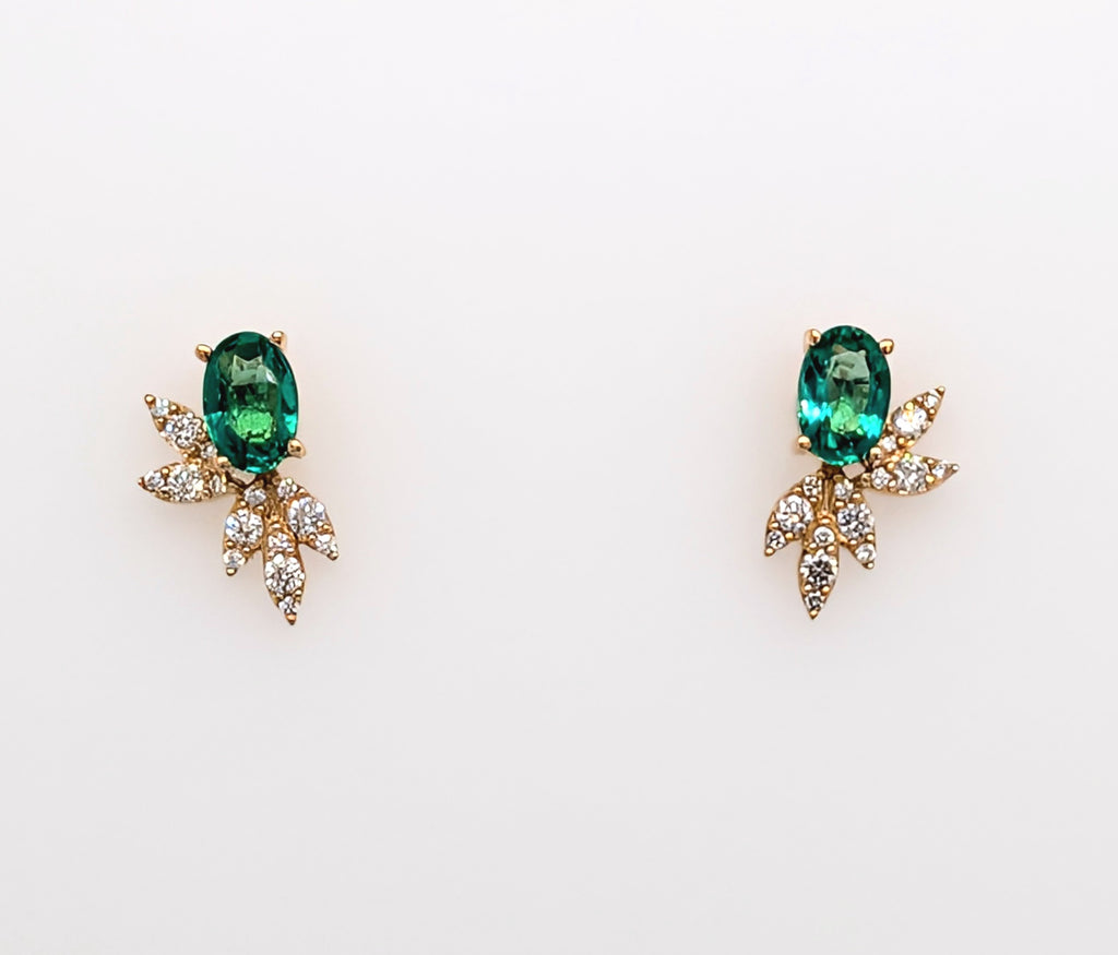 14K Yellow Gold Oval Emerald and Round Brilliant Diamond Stud Earrings