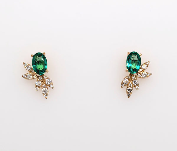 14K Yellow Gold Oval Emerald and Round Brilliant Diamond Stud Earrings