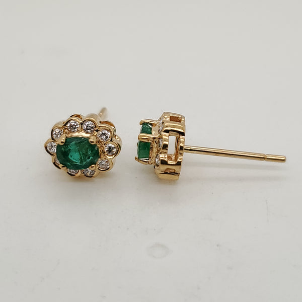 18kt Yellow Gold Emerald and Diamond Stud Earrings