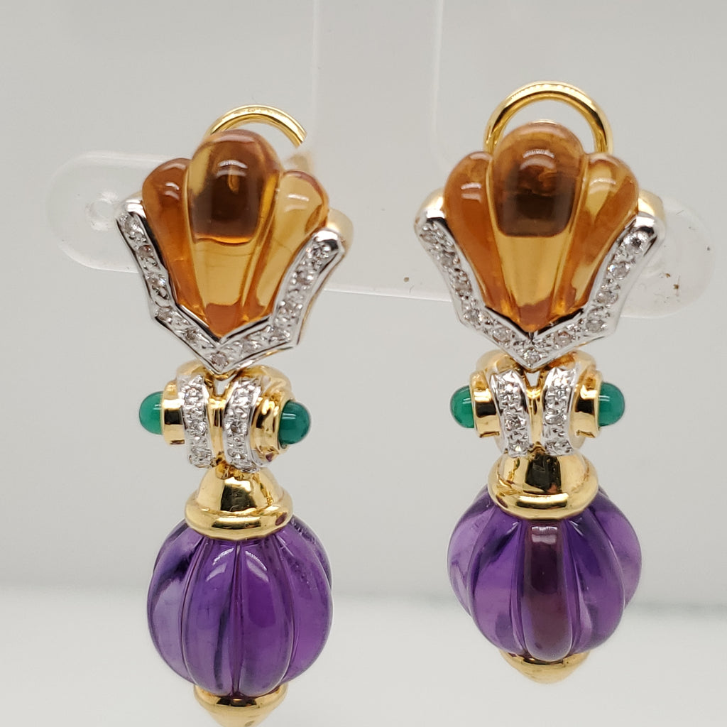 18Kt Yellow Gold  Amethyst Citrine and Diamond Dangle Earrings
