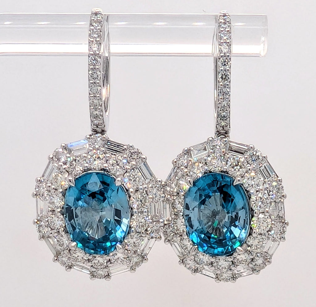 14K White Gold Blue Zircon Double Halo Earrings