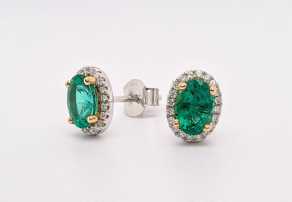 14K White Gold Oval Cut Emerald Stud Earrings with Diamond Halos