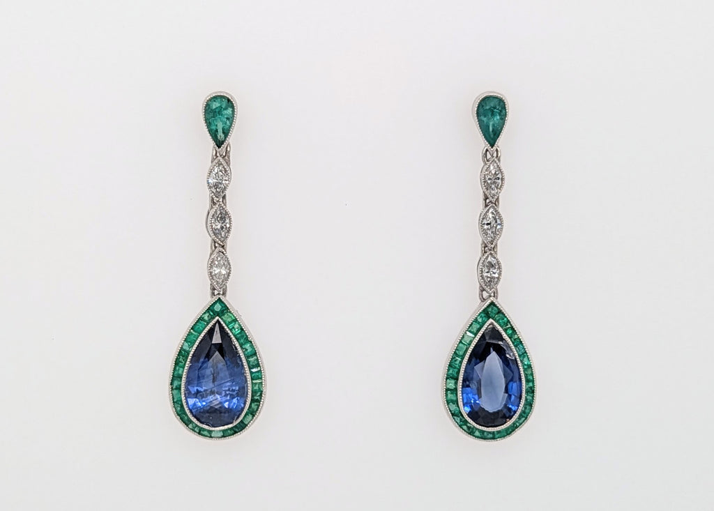 Lineage Platinum Sapphire and Emerald Drop Earrings