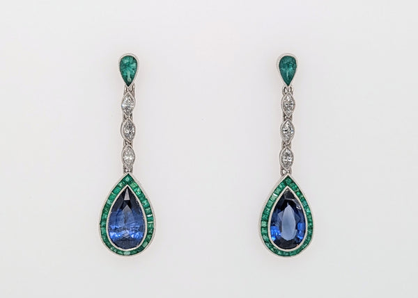 Lineage Platinum Sapphire and Emerald Drop Earrings
