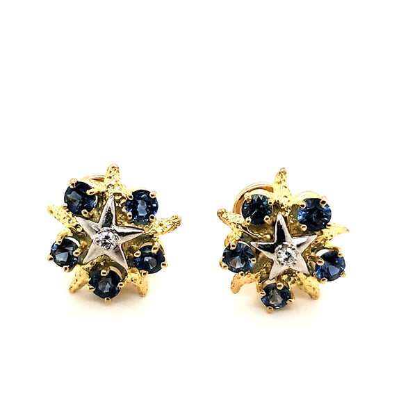 18kt Yellow Gold Blue Sapphire and Diamond Earrings