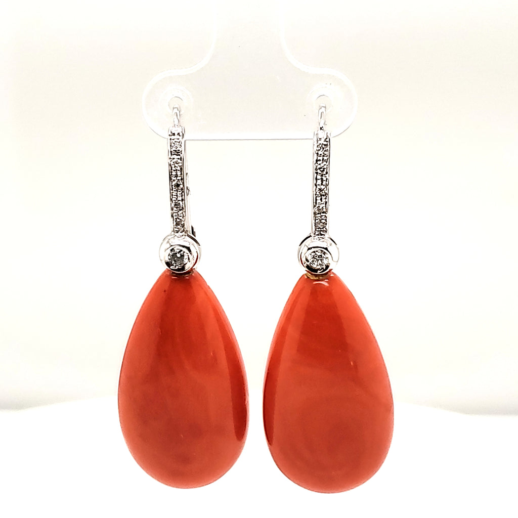 18Kt White Gold  Coral and Diamond Dangle Earrings.