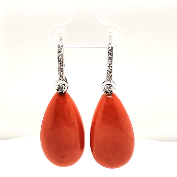 18Kt White Gold  Coral and Diamond Dangle Earrings.