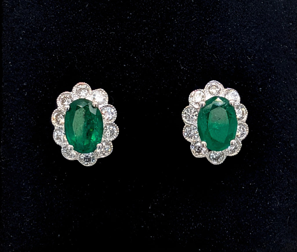 14K White Gold Oval Emerald and Diamond Halo Stud Earrings