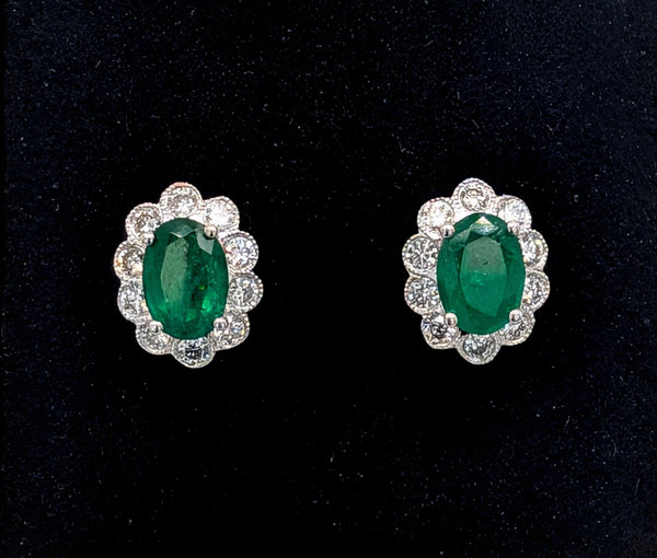 14K White Gold Oval Emerald and Diamond Halo Stud Earrings
