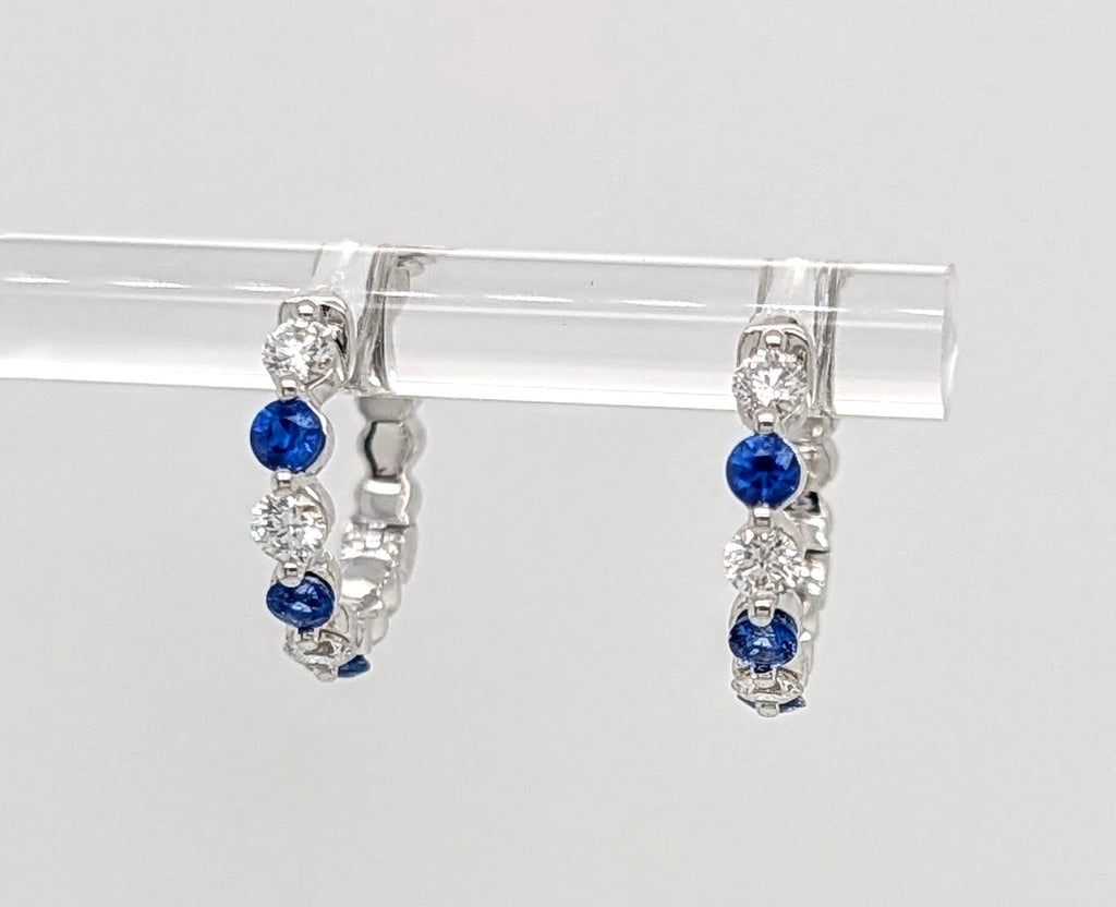 14K White Gold Diamond and Sapphire Huggie Hoops