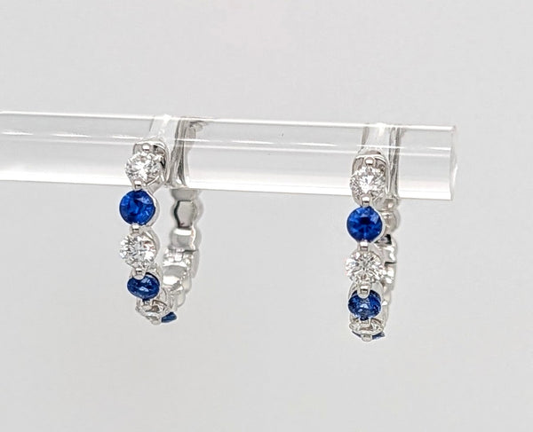 14K White Gold Diamond and Sapphire Huggie Hoops