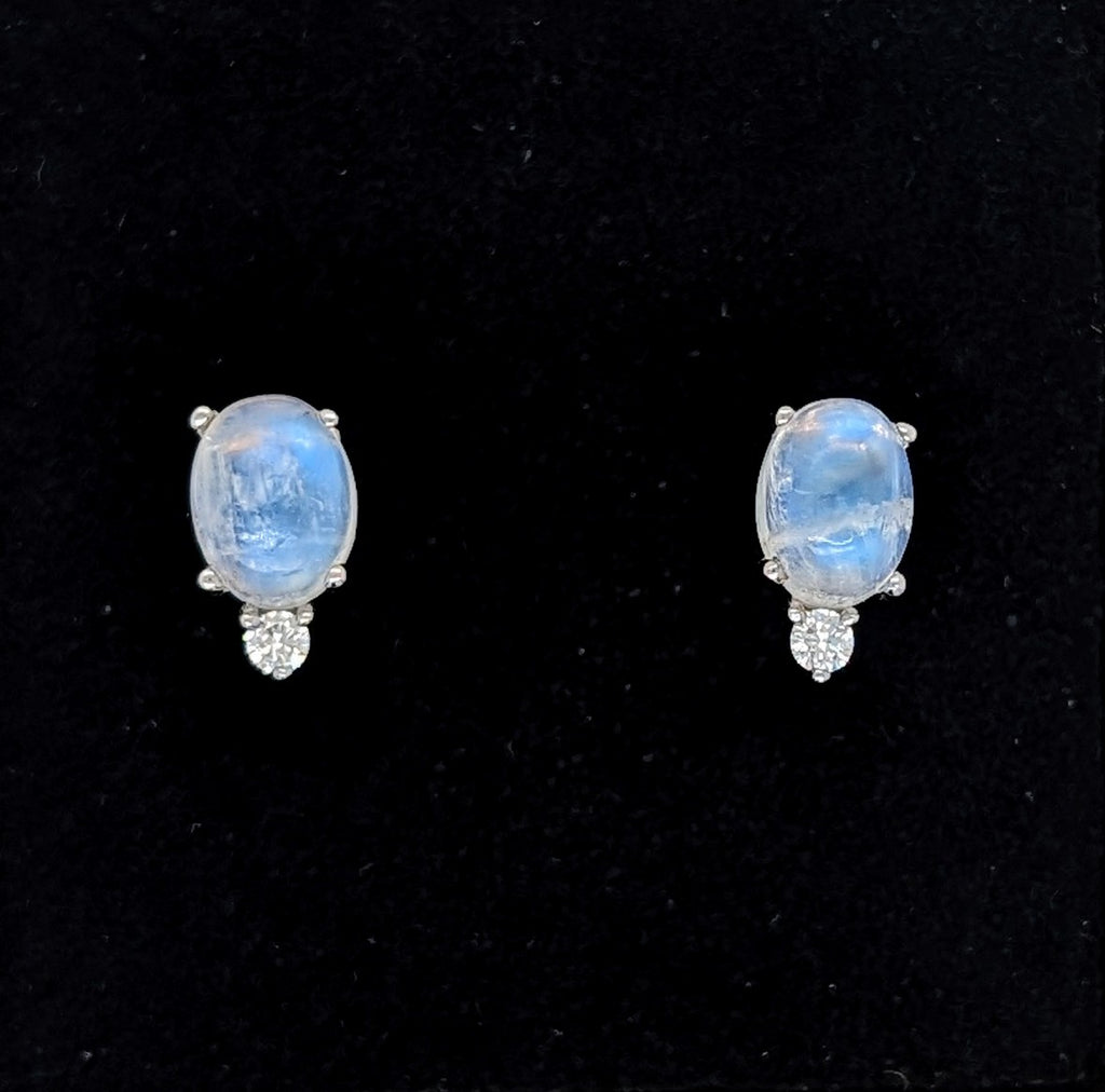 14K White Gold Opal Cabochon and Diamond Stud Earrings