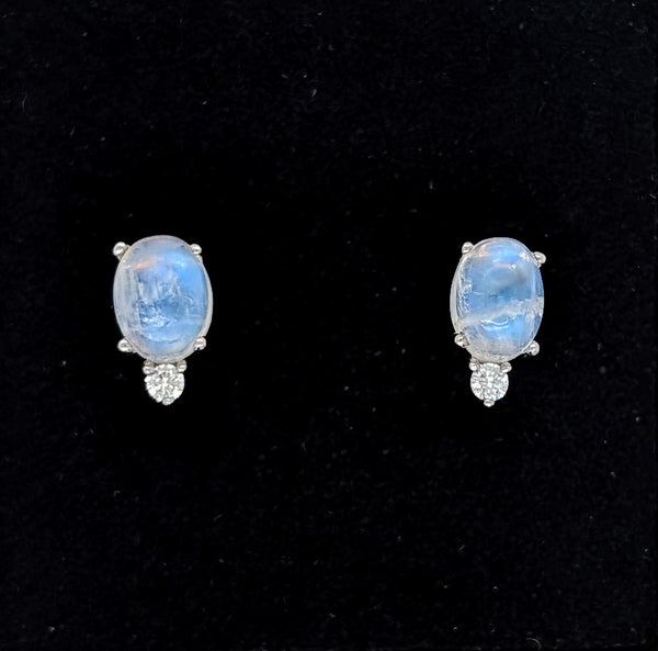 14K White Gold Opal Cabochon and Diamond Stud Earrings