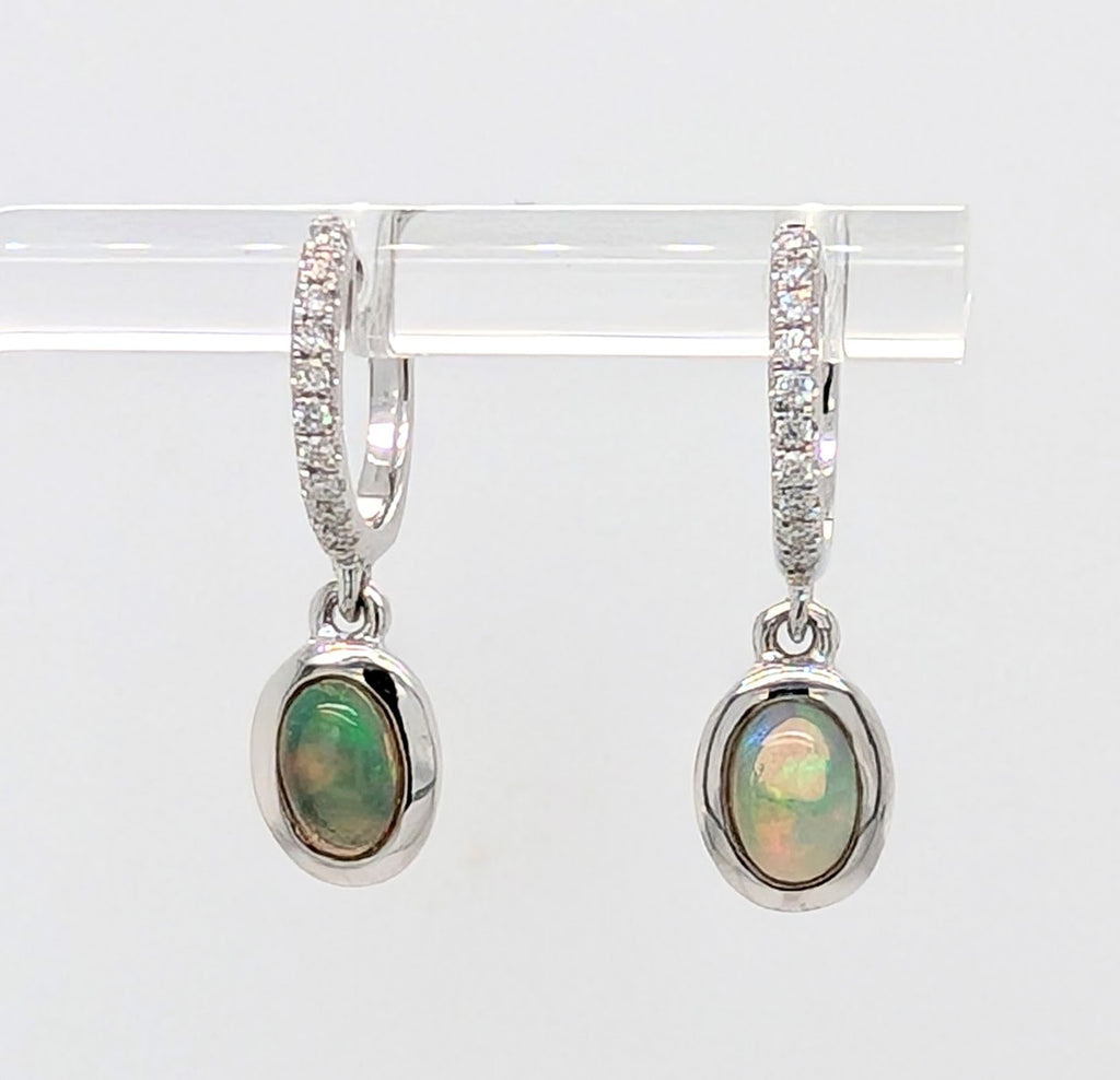 14K White Gold Opal and Diamond Hoop Earrings